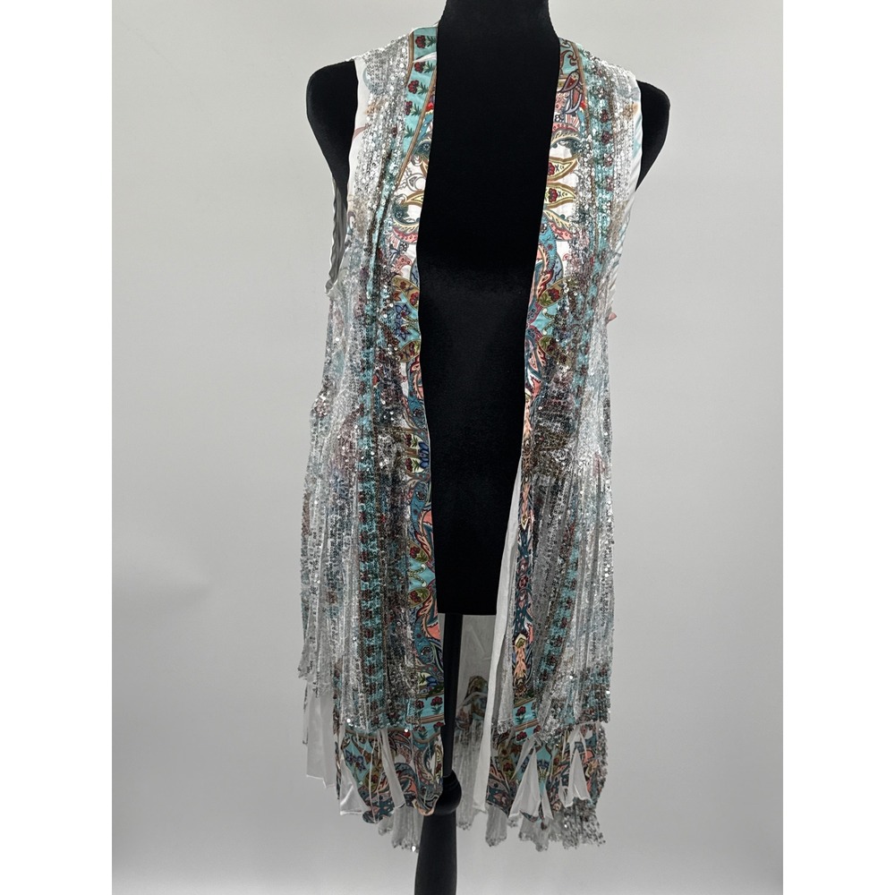 Origami Silver Sequin Paisley Print Longline Vest Sleeveless Small New with Tag